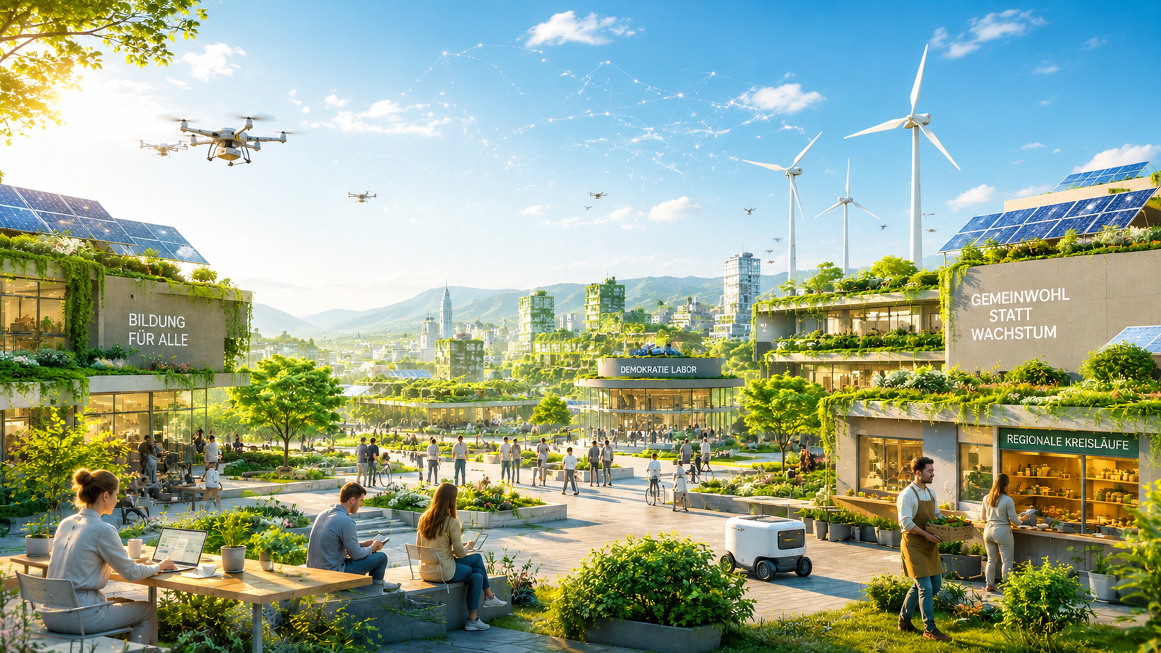 Stadtbild 2040: Grüne Stadt mit Windkraft, Solarenergie, autonomen Lieferrobotern und öffentlichen Plätzen — Bildung für Alle, Demokratie Labor, Gemeinwohl statt Wachstum, Regionale Kreisläufe