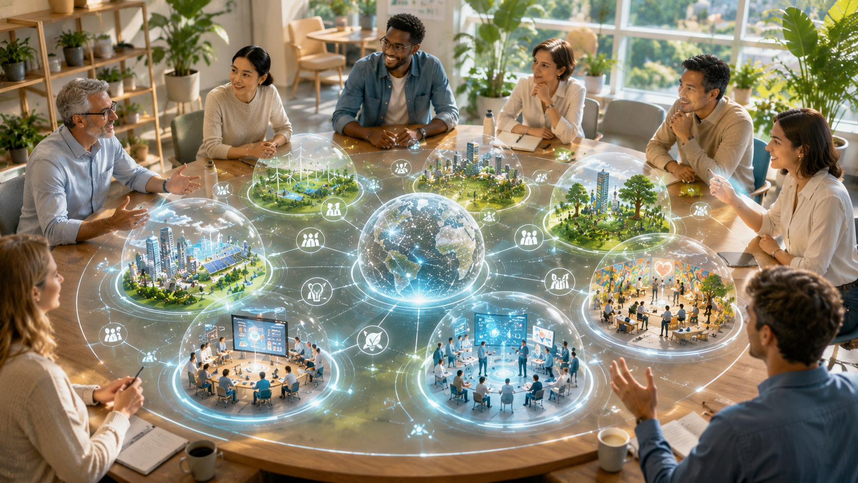Rundes Strategiegespräch mit holographischen Zukunfts-Projektionen — Szenarien-Methodik
